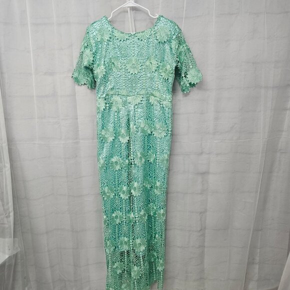 Handmade Seafoam Green Lace Crochet Floral Satin Formal Maxi formal Dress M/L - Picture 11 of 12